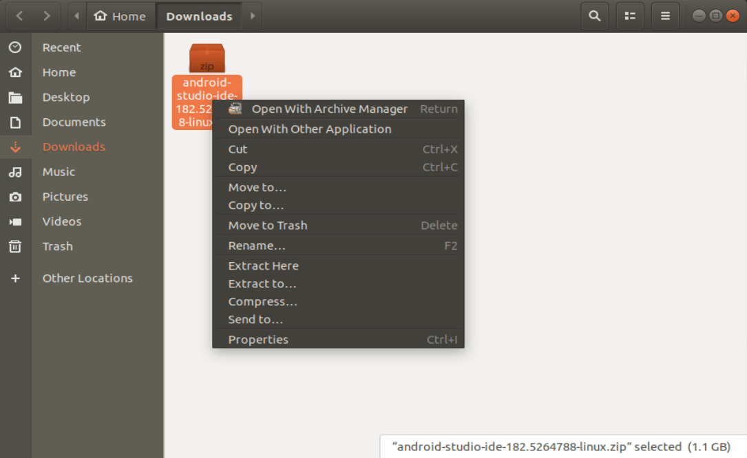 extract file android studio installation ubuntu