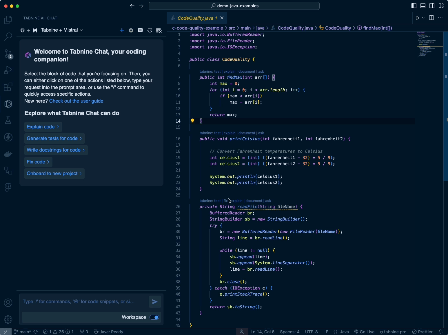 Asking Tabnine Chat to highlight the function and refactor and optimize it.